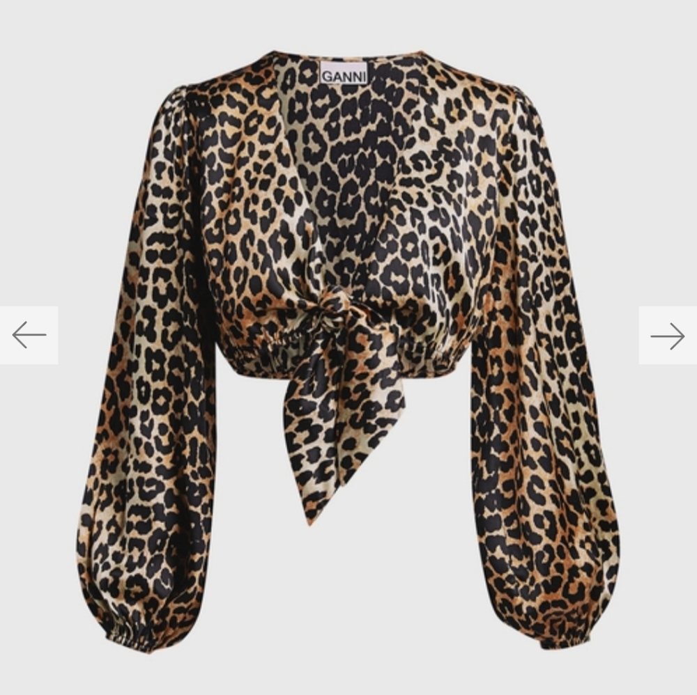 GANNI blakely Leopard Silk-blend Cropped Top size 36 S